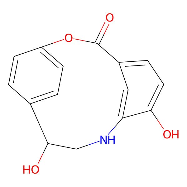 2D Structure of 7,11-Dihydroxy-2-oxa-9-azatricyclo[10.2.2.14,8]heptadeca-1(15),4(17),5,7,12(16),13-hexaen-3-one