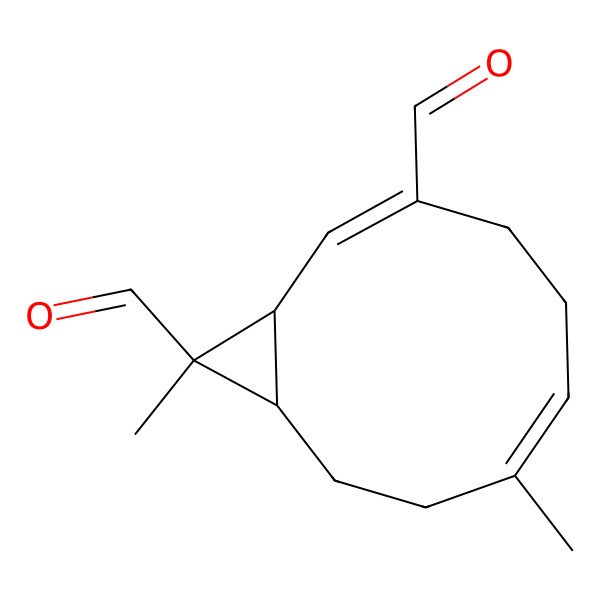 2D Structure of 7,11-Dimethylbicyclo[8.1.0]undeca-2,6-diene-3,11-dicarbaldehyde