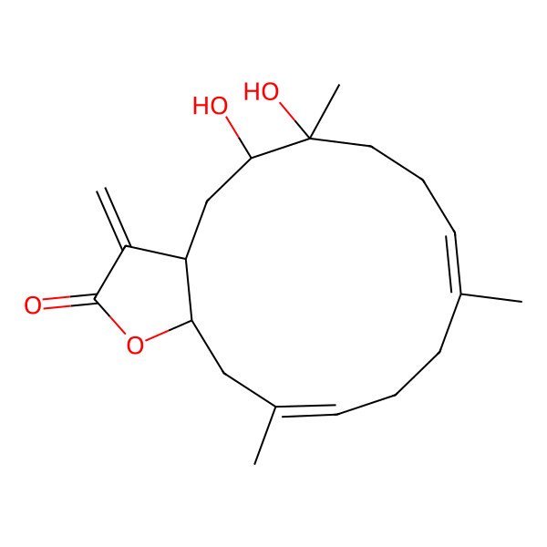 2D Structure of (3aR,5R,6S,9E,13E,15aS)-5,6-dihydroxy-6,10,14-trimethyl-3-methylidene-4,5,7,8,11,12,15,15a-octahydro-3aH-cyclotetradeca[b]furan-2-one