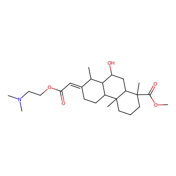 2D Structure of methyl (1S,4aR,4bS,7E,8R,8aR,9S,10aR)-7-[2-[2-(dimethylamino)ethoxy]-2-oxoethylidene]-9-hydroxy-1,4a,8-trimethyl-3,4,4b,5,6,8,8a,9,10,10a-decahydro-2H-phenanthrene-1-carboxylate