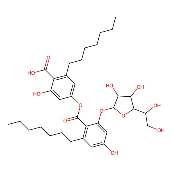 2D Structure of 4-[2-[(2S,3R,4S,5S)-5-[(1R)-1,2-dihydroxyethyl]-3,4-dihydroxyoxolan-2-yl]oxy-6-heptyl-4-hydroxybenzoyl]oxy-2-heptyl-6-hydroxybenzoic acid