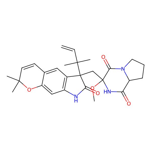 2D Structure of 3-[[2,2-dimethyl-6-(2-methylbut-3-en-2-yl)-7-oxo-8H-pyrano[3,2-f]indol-6-yl]methyl]-3-methoxy-6,7,8,8a-tetrahydro-2H-pyrrolo[1,2-a]pyrazine-1,4-dione