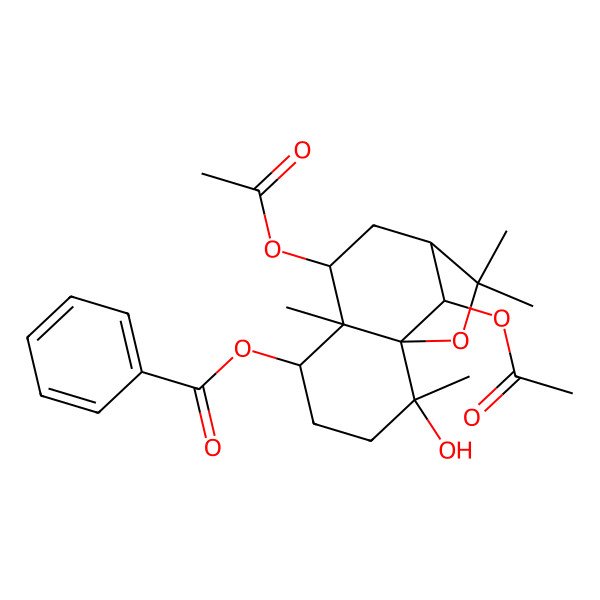 2D Structure of (7,12-Diacetyloxy-2-hydroxy-2,6,10,10-tetramethyl-11-oxatricyclo[7.2.1.01,6]dodecan-5-yl) benzoate