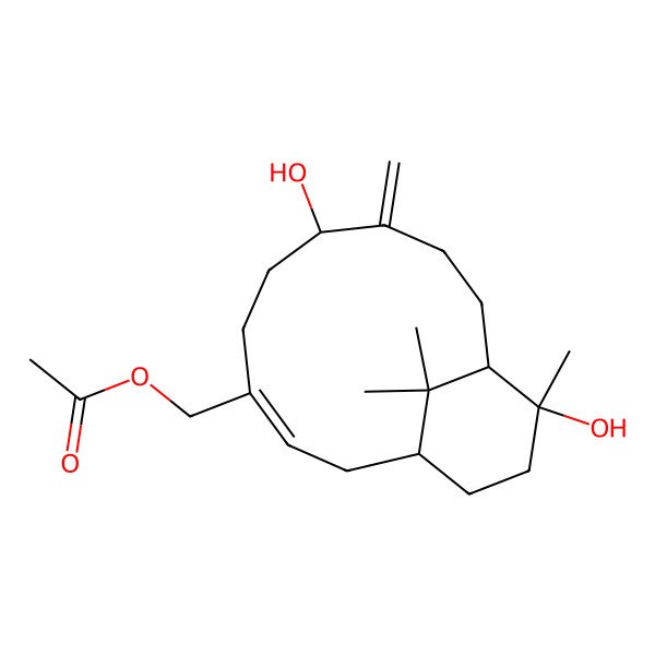 2D Structure of (7,12-Dihydroxy-12,15,15-trimethyl-8-methylidene-4-bicyclo[9.3.1]pentadec-3-enyl)methyl acetate