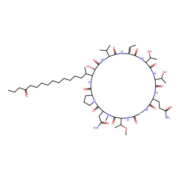 2D Structure of 3-[(3S,6S,12S,15S,18S,24S,27R,28R,31S)-3-(2-amino-2-oxoethyl)-21-ethylidene-27-hydroxy-15,18-bis[(1R)-1-hydroxyethyl]-6-[(1R)-1-methoxyethyl]-4-methyl-2,5,8,11,14,17,20,23,26,30-decaoxo-28-[(2S)-13-oxohexadecan-2-yl]-24-propan-2-yl-1,4,7,10,13,16,19,22,25,29-decazabicyclo[29.3.0]tetratriacontan-12-yl]propanamide