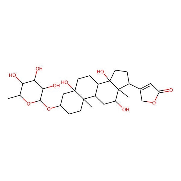 2D Structure of 3-[5,12,14-trihydroxy-10,13-dimethyl-3-(3,4,5-trihydroxy-6-methyloxan-2-yl)oxy-2,3,4,6,7,8,9,11,12,15,16,17-dodecahydro-1H-cyclopenta[a]phenanthren-17-yl]-2H-furan-5-one