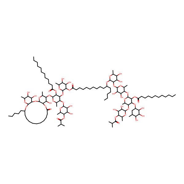 2D Structure of [2-[3-[3,4-Dihydroxy-6-methyl-5-(2-methylpropanoyloxy)oxan-2-yl]oxy-5-dodecanoyloxy-2-methyl-6-[(7,25,26-trihydroxy-5,24-dimethyl-10-oxo-20-pentyl-2,4,9,21,23-pentaoxatricyclo[20.4.0.03,8]hexacosan-6-yl)oxy]oxan-4-yl]oxy-4,5-dihydroxy-6-methyloxan-3-yl] 11-[3-[5-[5-[3,4-dihydroxy-6-methyl-5-(2-methylpropanoyloxy)oxan-2-yl]oxy-3-dodecanoyloxy-6-methyl-4-(2,3,4-trihydroxy-5-methylcyclohexyl)oxyoxan-2-yl]oxy-3,4-dihydroxy-6-methyloxan-2-yl]oxy-4,5-dihydroxy-6-methyloxan-2-yl]oxyhexadecanoate