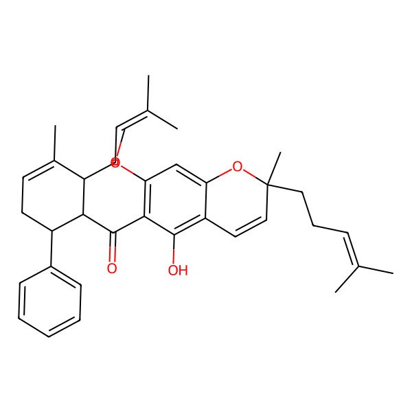 2D Structure of [(2R)-5-hydroxy-7-methoxy-2-methyl-2-(4-methylpent-3-enyl)chromen-6-yl]-[(1R,2S,6R)-3-methyl-2-(3-methylbut-2-enyl)-6-phenylcyclohex-3-en-1-yl]methanone