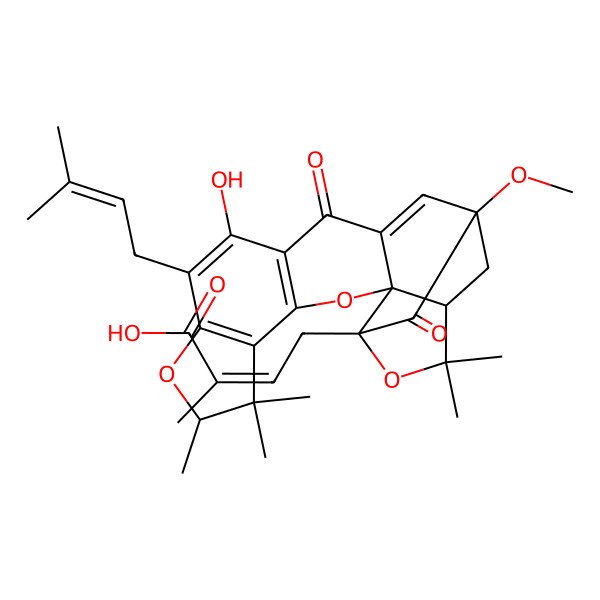 2D Structure of (Z)-4-[(1R,2R,7R,16S,18S)-11-hydroxy-16-methoxy-6,6,7,20,20-pentamethyl-10-(3-methylbut-2-enyl)-13,17-dioxo-3,8,19-trioxahexacyclo[14.4.1.02,14.02,18.04,12.05,9]henicosa-4(12),5(9),10,14-tetraen-18-yl]-2-methylbut-2-enoic acid