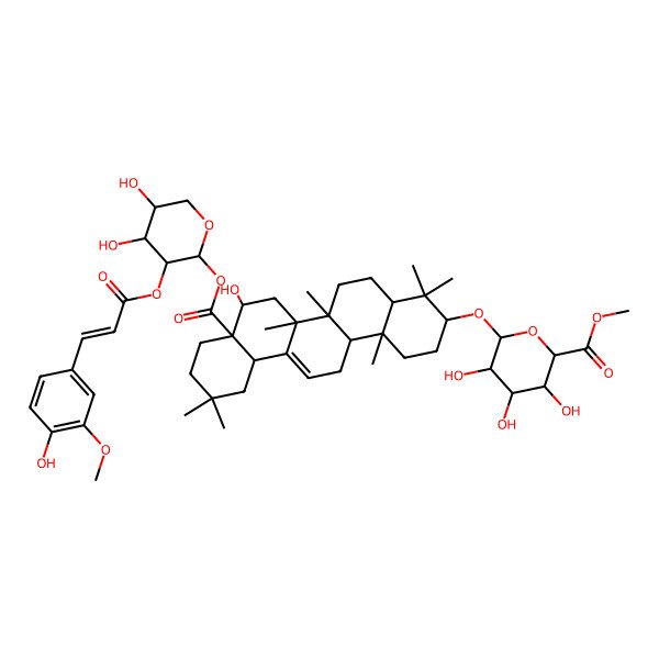 2D Structure of Methyl 6-[[8a-[4,5-dihydroxy-3-[3-(4-hydroxy-3-methoxyphenyl)prop-2-enoyloxy]oxan-2-yl]oxycarbonyl-8-hydroxy-4,4,6a,6b,11,11,14b-heptamethyl-1,2,3,4a,5,6,7,8,9,10,12,12a,14,14a-tetradecahydropicen-3-yl]oxy]-3,4,5-trihydroxyoxane-2-carboxylate