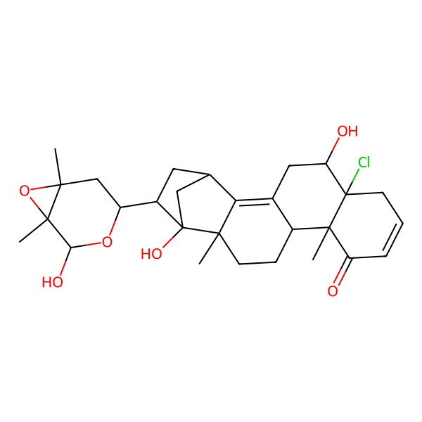 2D Structure of (1S,5R,6R,11S,12S,15S,16R,17R)-6-chloro-5,16-dihydroxy-17-[(1S,2R,4R,6S)-2-hydroxy-1,6-dimethyl-3,7-dioxabicyclo[4.1.0]heptan-4-yl]-11,15-dimethylpentacyclo[14.2.1.02,15.03,12.06,11]nonadeca-2,8-dien-10-one