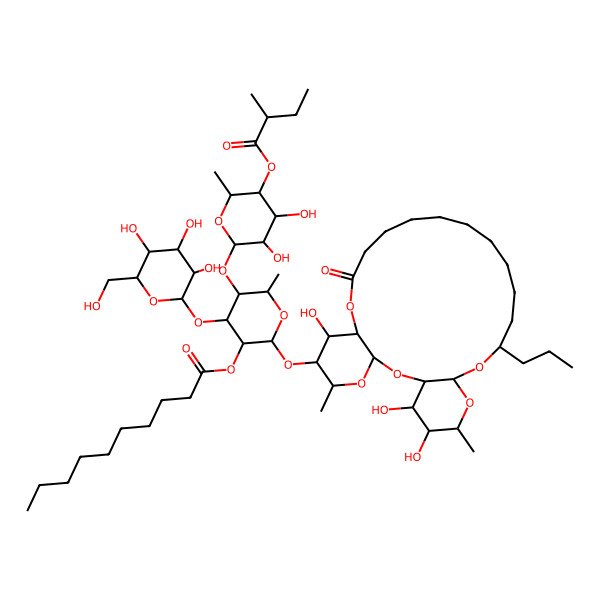 2D Structure of [(2S,3R,4R,5S,6S)-5-[(2S,3R,4S,5R,6S)-3,4-dihydroxy-6-methyl-5-[(2S)-2-methylbutanoyl]oxyoxan-2-yl]oxy-6-methyl-2-[[(1R,3S,5S,6R,7R,8R,20S,22R,24R,25R,26S)-7,25,26-trihydroxy-5,24-dimethyl-10-oxo-20-propyl-2,4,9,21,23-pentaoxatricyclo[20.4.0.03,8]hexacosan-6-yl]oxy]-4-[(2S,3R,4S,5S,6R)-3,4,5-trihydroxy-6-(hydroxymethyl)oxan-2-yl]oxyoxan-3-yl] decanoate