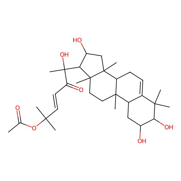 2D Structure of [(E,6R)-6-hydroxy-2-methyl-5-oxo-6-[(2S,3S,8R,9R,10S,13R,14S,16R,17R)-2,3,16-trihydroxy-4,4,9,13,14-pentamethyl-2,3,7,8,10,11,12,15,16,17-decahydro-1H-cyclopenta[a]phenanthren-17-yl]hept-3-en-2-yl] acetate