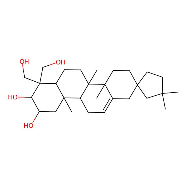 2D Structure of 1,1-bis(hydroxymethyl)-1',1',4a,10a,10b-pentamethylspiro[3,4,4b,5,7,9,10,11,12,12a-decahydro-2H-chrysene-8,3'-cyclopentane]-2,3-diol