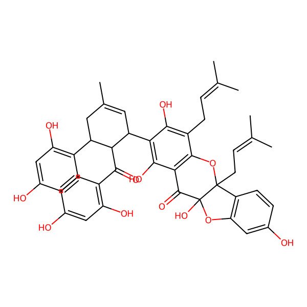 2D Structure of 2-[6-(2,4-Dihydroxybenzoyl)-5-(2,4-dihydroxyphenyl)-3-methylcyclohex-2-en-1-yl]-1,3,8,10a-tetrahydroxy-4,5a-bis(3-methylbut-2-enyl)-[1]benzofuro[3,2-b]chromen-11-one