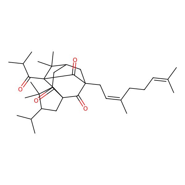 2D Structure of (1S,3R,5R,7R,9S,11R)-11-[(2E)-3,7-dimethylocta-2,6-dienyl]-4,4,8,8-tetramethyl-9-(2-methylpropanoyl)-3-propan-2-yltetracyclo[7.3.1.17,11.01,5]tetradecane-10,12,13-trione