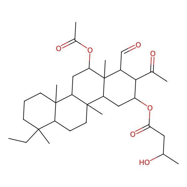 2D Structure of (2-Acetyl-12-acetyloxy-7-ethyl-1-formyl-4b,7,10a,12a-tetramethyl-1,2,3,4,4a,5,6,6a,8,9,10,10b,11,12-tetradecahydrochrysen-3-yl) 3-hydroxybutanoate
