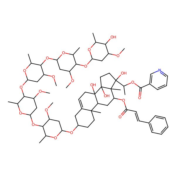 2D Structure of 1-[8,14,17-Trihydroxy-3-[5-[5-[5-[5-(5-hydroxy-4-methoxy-6-methyloxan-2-yl)oxy-4-methoxy-6-methyloxan-2-yl]oxy-4-methoxy-6-methyloxan-2-yl]oxy-4-methoxy-6-methyloxan-2-yl]oxy-4-methoxy-6-methyloxan-2-yl]oxy-10,13-dimethyl-12-(3-phenylprop-2-enoyloxy)-1,2,3,4,7,9,11,12,15,16-decahydrocyclopenta[a]phenanthren-17-yl]ethyl pyridine-3-carboxylate
