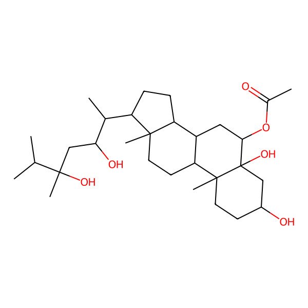 2D Structure of [(3S,5R,6R,8S,9S,10R,13S,14S,17R)-17-[(2S,3R,5S)-3,5-dihydroxy-5,6-dimethylheptan-2-yl]-3,5-dihydroxy-10,13-dimethyl-1,2,3,4,6,7,8,9,11,12,14,15,16,17-tetradecahydrocyclopenta[a]phenanthren-6-yl] acetate
