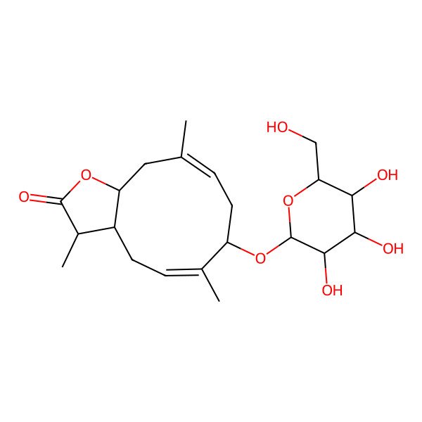 2D Structure of (3R,3aS,5E,7S,9E,11aS)-3,6,10-trimethyl-7-[(2S,3R,4S,5S,6R)-3,4,5-trihydroxy-6-(hydroxymethyl)oxan-2-yl]oxy-3a,4,7,8,11,11a-hexahydro-3H-cyclodeca[b]furan-2-one