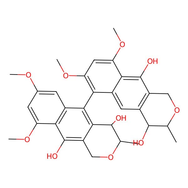 2D Structure of (3S,4S)-6-[(3S,4S)-4,10-dihydroxy-7,9-dimethoxy-3-methyl-3,4-dihydro-1H-benzo[g]isochromen-5-yl]-7,9-dimethoxy-3-methyl-3,4-dihydro-1H-benzo[g]isochromene-4,10-diol