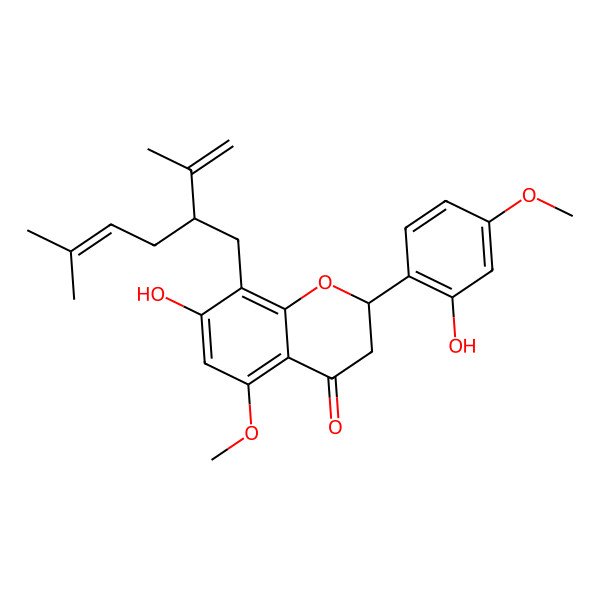 2D Structure of (2S)-7-hydroxy-2-(2-hydroxy-4-methoxyphenyl)-5-methoxy-8-[(2R)-5-methyl-2-prop-1-en-2-ylhex-4-enyl]-2,3-dihydrochromen-4-one
