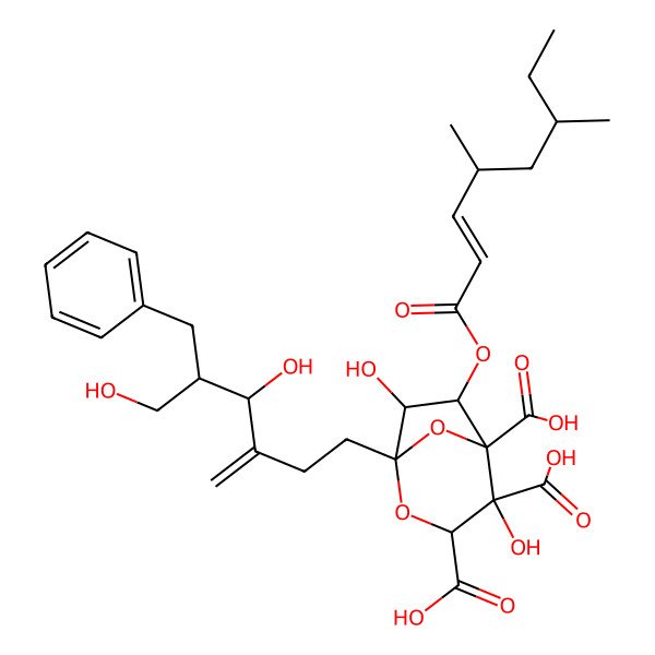 2D Structure of 1-(5-Benzyl-4,6-dihydroxy-3-methylidenehexyl)-6-(4,6-dimethyloct-2-enoyloxy)-4,7-dihydroxy-2,8-dioxabicyclo[3.2.1]octane-3,4,5-tricarboxylic acid