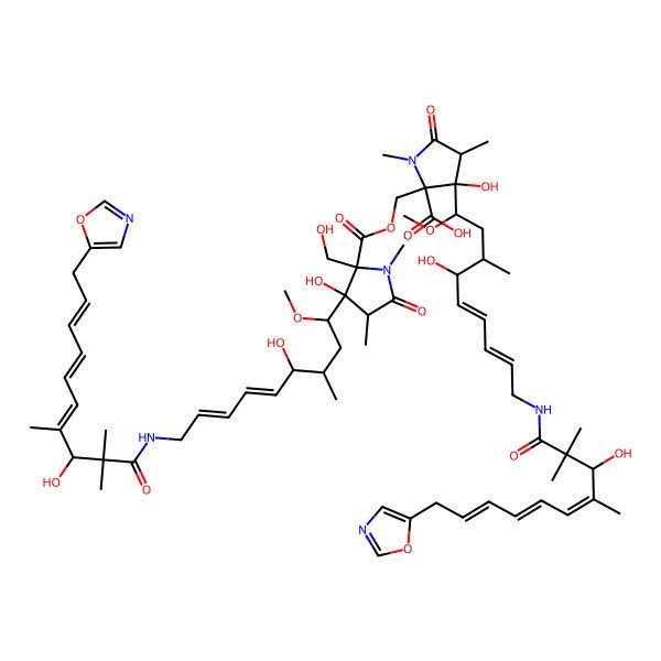 2D Structure of 3-Hydroxy-2-[[3-hydroxy-3-[4-hydroxy-9-[[3-hydroxy-2,2,4-trimethyl-10-(1,3-oxazol-5-yl)deca-4,6,8-trienoyl]amino]-1-methoxy-3-methylnona-5,7-dienyl]-2-(hydroxymethyl)-1,4-dimethyl-5-oxopyrrolidine-2-carbonyl]oxymethyl]-3-[4-hydroxy-9-[[3-hydroxy-2,2,4-trimethyl-10-(1,3-oxazol-5-yl)deca-4,6,8-trienoyl]amino]-1-methoxy-3-methylnona-5,7-dienyl]-1,4-dimethyl-5-oxopyrrolidine-2-carboxylic acid