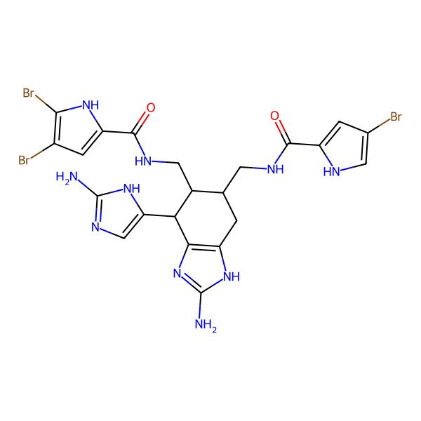 2D Structure of N-[[2-amino-4-(2-amino-1H-imidazol-5-yl)-6-[[(4-bromo-1H-pyrrole-2-carbonyl)amino]methyl]-4,5,6,7-tetrahydro-1H-benzimidazol-5-yl]methyl]-4,5-dibromo-1H-pyrrole-2-carboxamide