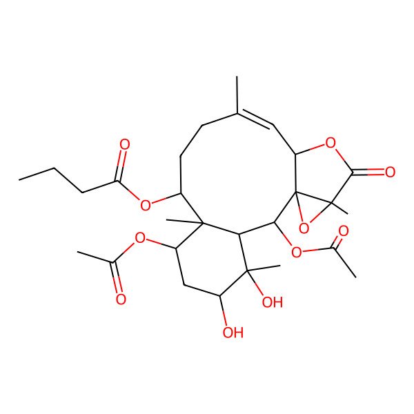 2D Structure of (2,7-Diacetyloxy-4,5-dihydroxy-4,8,12,17-tetramethyl-16-oxo-15,18-dioxatetracyclo[12.4.0.01,17.03,8]octadec-12-en-9-yl) butanoate
