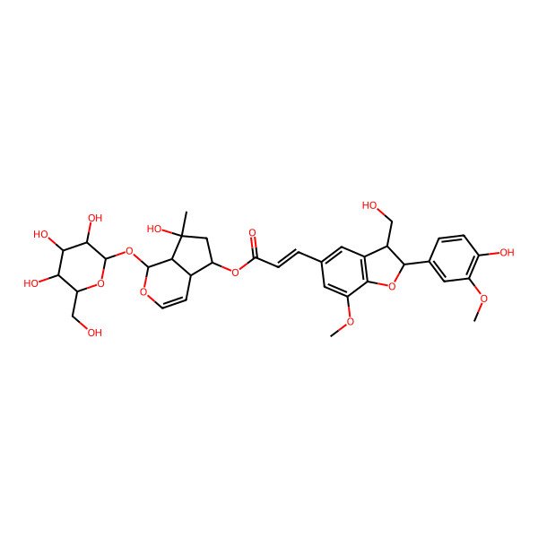 2D Structure of [(1S,4aR,5R,7S,7aR)-7-hydroxy-7-methyl-1-[(2S,3R,4S,5S,6R)-3,4,5-trihydroxy-6-(hydroxymethyl)oxan-2-yl]oxy-4a,5,6,7a-tetrahydro-1H-cyclopenta[c]pyran-5-yl] (E)-3-[(2R,3S)-2-(4-hydroxy-3-methoxyphenyl)-3-(hydroxymethyl)-7-methoxy-2,3-dihydro-1-benzofuran-5-yl]prop-2-enoate