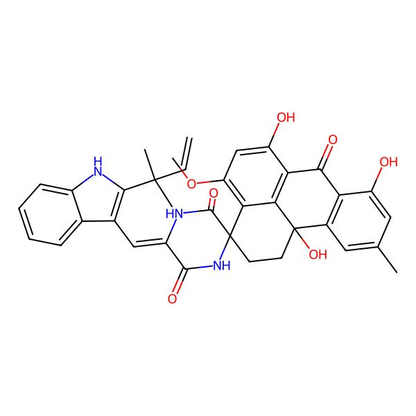 2D Structure of (3R,11bS)-6,8,11b-trihydroxy-4-methoxy-10-methyl-6'-[[2-(2-methylbut-3-en-2-yl)-1H-indol-3-yl]methylidene]spiro[1,2-dihydrobenzo[a]phenalene-3,3'-piperazine]-2',5',7-trione
