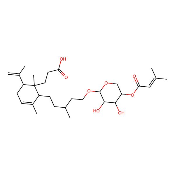 2D Structure of 3-[(1S,2S,6S)-2-[(3S)-5-[(2R,3R,4R,5S)-3,4-dihydroxy-5-(3-methylbut-2-enoyloxy)oxan-2-yl]oxy-3-methylpentyl]-1,3-dimethyl-6-prop-1-en-2-ylcyclohex-3-en-1-yl]propanoic acid