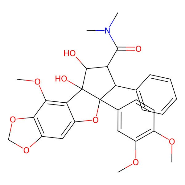 2D Structure of 14-(3,4-dimethoxyphenyl)-10,11-dihydroxy-8-methoxy-N,N-dimethyl-13-phenyl-4,6,15-trioxatetracyclo[7.6.0.03,7.010,14]pentadeca-1,3(7),8-triene-12-carboxamide