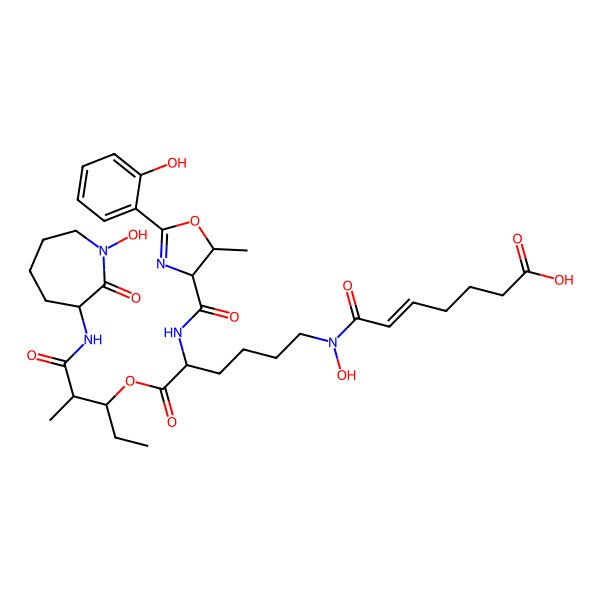 2D Structure of 7-[Hydroxy-[6-[1-[(1-hydroxy-2-oxoazepan-3-yl)amino]-2-methyl-1-oxopentan-3-yl]oxy-5-[[2-(2-hydroxyphenyl)-5-methyl-4,5-dihydro-1,3-oxazole-4-carbonyl]amino]-6-oxohexyl]amino]-7-oxohept-5-enoic acid