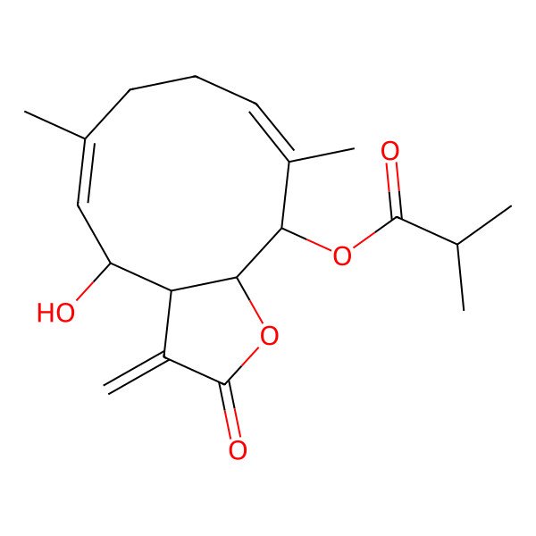 2D Structure of (4-Hydroxy-6,10-dimethyl-3-methylidene-2-oxo-3a,4,7,8,11,11a-hexahydrocyclodeca[b]furan-11-yl) 2-methylpropanoate