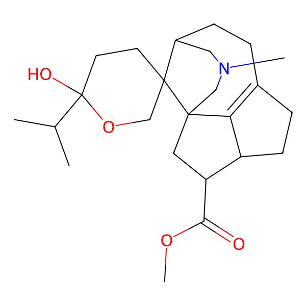 2D Structure of Methyl 2'-hydroxy-3-methyl-2'-propan-2-ylspiro[3-azatetracyclo[6.5.1.11,5.011,14]pentadec-8(14)-ene-15,5'-oxane]-12-carboxylate