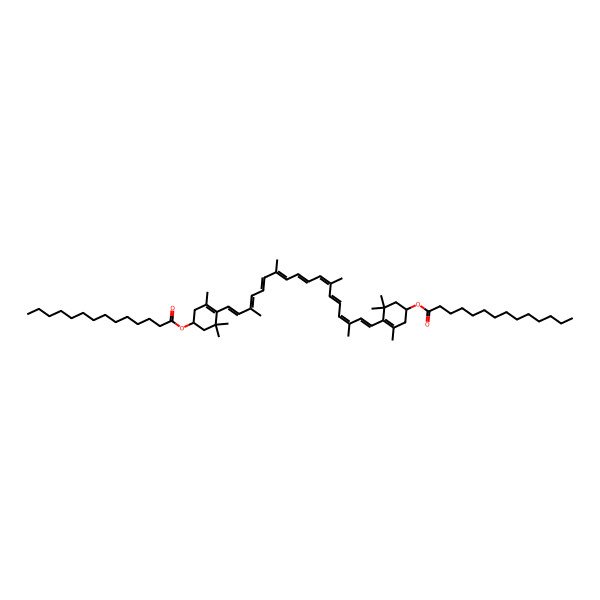 2D Structure of [(1R)-3,5,5-trimethyl-4-[(1E,3E,5E,7E,9E,11E,13E,15E,17E)-3,7,12,16-tetramethyl-18-[(4R)-2,6,6-trimethyl-4-tetradecanoyloxycyclohexen-1-yl]octadeca-1,3,5,7,9,11,13,15,17-nonaenyl]cyclohex-3-en-1-yl] tetradecanoate