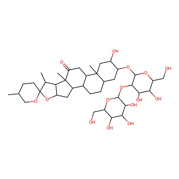 2D Structure of 16-[4,5-Dihydroxy-6-(hydroxymethyl)-3-[3,4,5-trihydroxy-6-(hydroxymethyl)oxan-2-yl]oxyoxan-2-yl]oxy-15-hydroxy-5',7,9,13-tetramethylspiro[5-oxapentacyclo[10.8.0.02,9.04,8.013,18]icosane-6,2'-oxane]-10-one