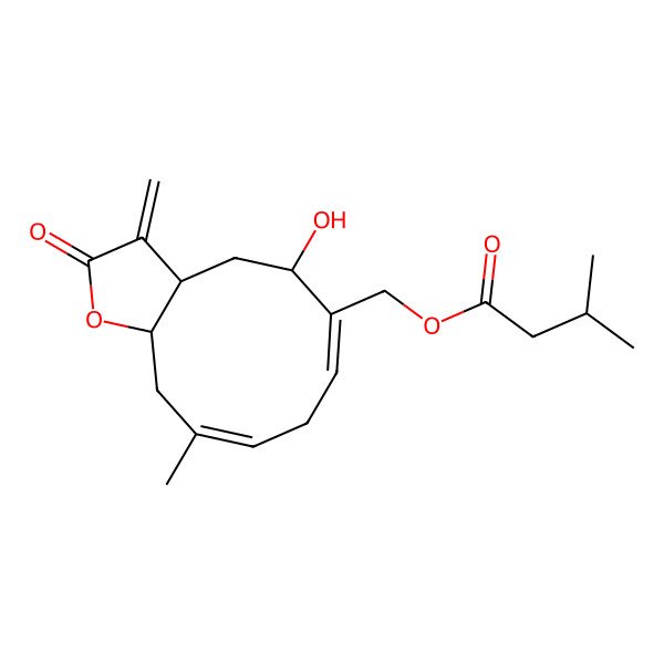2D Structure of (5-Hydroxy-10-methyl-3-methylidene-2-oxo-3a,4,5,8,11,11a-hexahydrocyclodeca[b]furan-6-yl)methyl 3-methylbutanoate