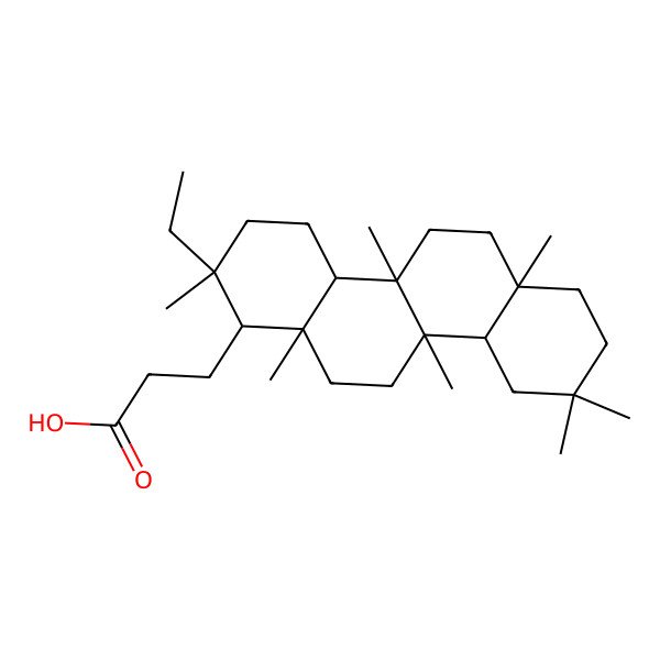 2D Structure of 3-[(1R,2S,4aS,4bR,6aR,10aR,10bS,12aS)-2-ethyl-2,4b,6a,9,9,10b,12a-heptamethyl-1,3,4,4a,5,6,7,8,10,10a,11,12-dodecahydrochrysen-1-yl]propanoic acid