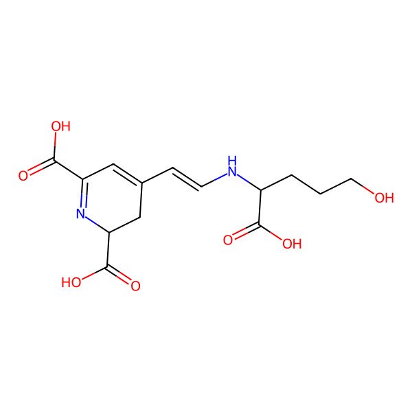 2D Structure of (2R)-4-[(E)-2-[[(1S)-1-carboxy-4-hydroxybutyl]amino]ethenyl]-2,3-dihydropyridine-2,6-dicarboxylic acid