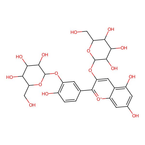 2D Structure of (2S,3R,4S,5S,6R)-2-[5,7-dihydroxy-2-[4-hydroxy-3-[(2S,3R,4S,5S,6R)-3,4,5-trihydroxy-6-(hydroxymethyl)oxan-2-yl]oxyphenyl]chromenylium-3-yl]oxy-6-(hydroxymethyl)oxane-3,4,5-triol