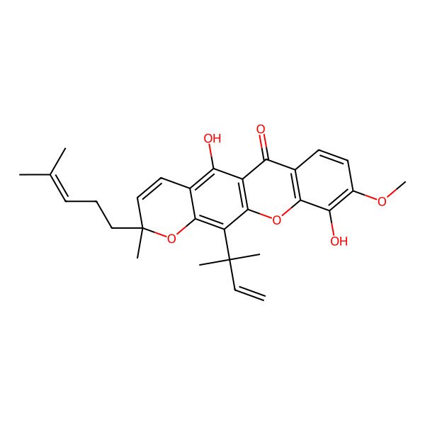 2D Structure of 5,10-Dihydroxy-9-methoxy-2-methyl-12-(2-methylbut-3-en-2-yl)-2-(4-methylpent-3-enyl)pyrano[3,2-b]xanthen-6-one