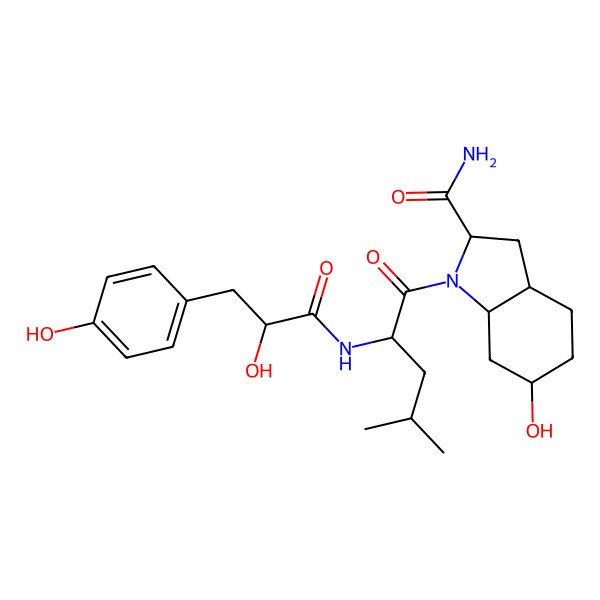 2D Structure of (2S,3As,6R,7aS)-6-hydroxy-1-[2-[[(2R)-2-hydroxy-3-(4-hydroxyphenyl)propanoyl]amino]-4-methylpentanoyl]-2,3,3a,4,5,6,7,7a-octahydroindole-2-carboxamide