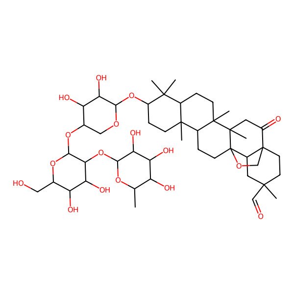 2D Structure of 10-[5-[4,5-Dihydroxy-6-(hydroxymethyl)-3-(3,4,5-trihydroxy-6-methyloxan-2-yl)oxyoxan-2-yl]oxy-3,4-dihydroxyoxan-2-yl]oxy-4,5,9,9,13,20-hexamethyl-2-oxo-24-oxahexacyclo[15.5.2.01,18.04,17.05,14.08,13]tetracosane-20-carbaldehyde