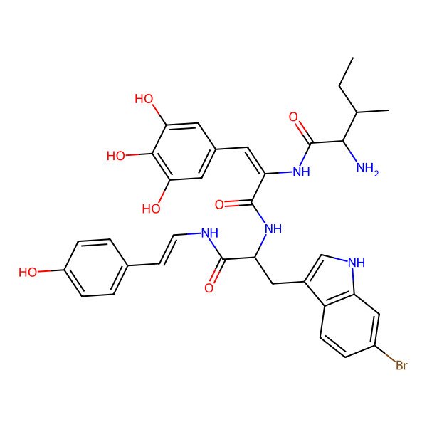 2D Structure of (2S,3R)-2-amino-N-[(Z)-3-[[(2S)-3-(6-bromo-1H-indol-3-yl)-1-[[(E)-2-(4-hydroxyphenyl)ethenyl]amino]-1-oxopropan-2-yl]amino]-3-oxo-1-(3,4,5-trihydroxyphenyl)prop-1-en-2-yl]-3-methylpentanamide