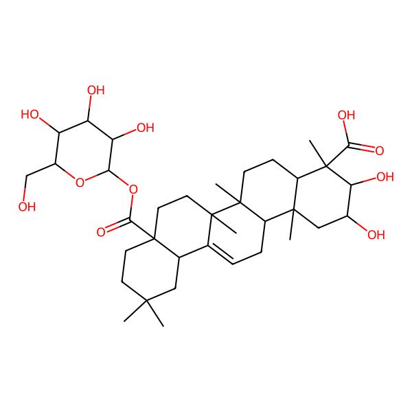 2D Structure of 2,3-Dihydroxy-4,6a,6b,11,11,14b-hexamethyl-8a-[3,4,5-trihydroxy-6-(hydroxymethyl)oxan-2-yl]oxycarbonyl-1,2,3,4a,5,6,7,8,9,10,12,12a,14,14a-tetradecahydropicene-4-carboxylic acid
