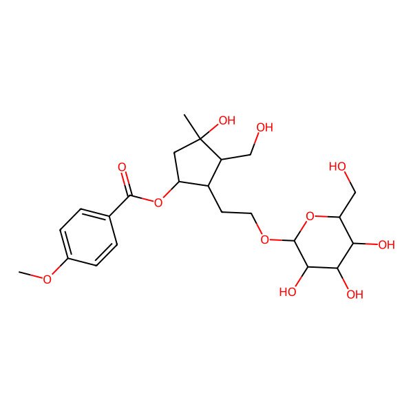 2D Structure of [4-Hydroxy-3-(hydroxymethyl)-4-methyl-2-[2-[3,4,5-trihydroxy-6-(hydroxymethyl)oxan-2-yl]oxyethyl]cyclopentyl] 4-methoxybenzoate