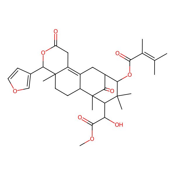 2D Structure of [(1R,2R,5S,6R,13S,14S,16S)-6-(furan-3-yl)-16-[(1R)-1-hydroxy-2-methoxy-2-oxoethyl]-1,5,15,15-tetramethyl-8,17-dioxo-7-oxatetracyclo[11.3.1.02,11.05,10]heptadec-10-en-14-yl] 2,3-dimethylbut-2-enoate